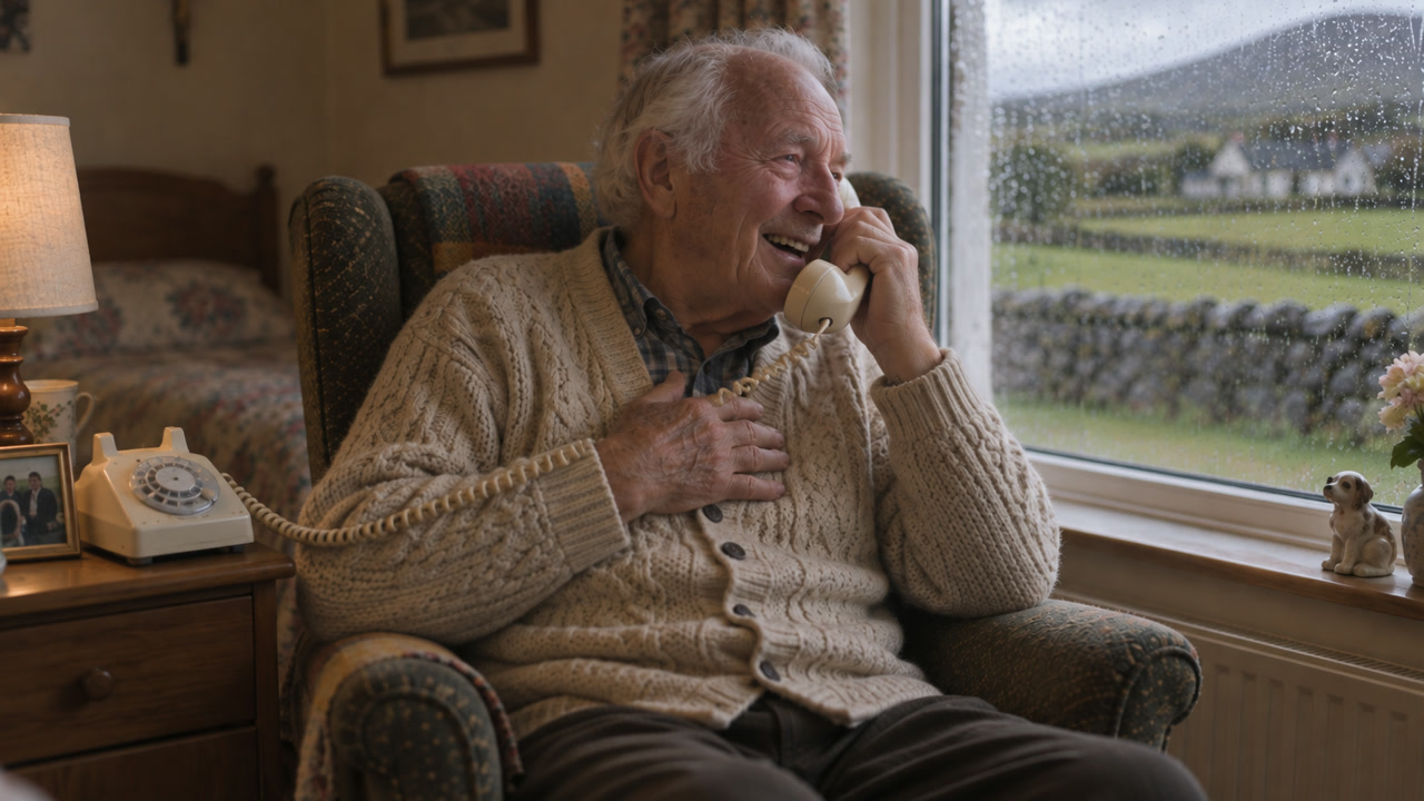An older man laughing with the rotary phone to his ear